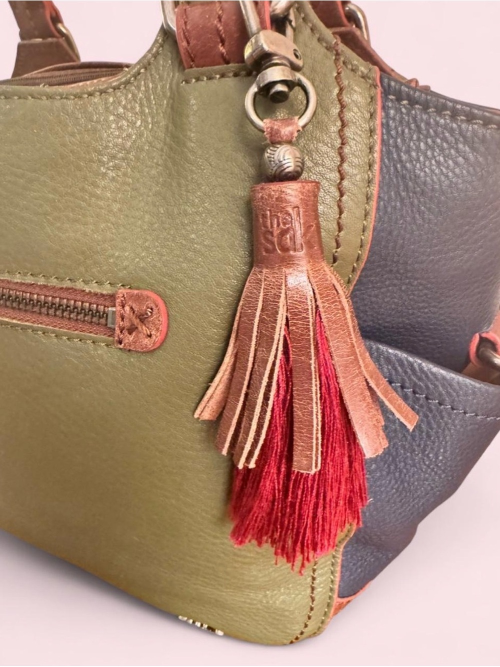 The Sak Colorblock Leather Tote in Green, Deep Navy & Cognac Brown w/Tassel - Picture 8 of 8